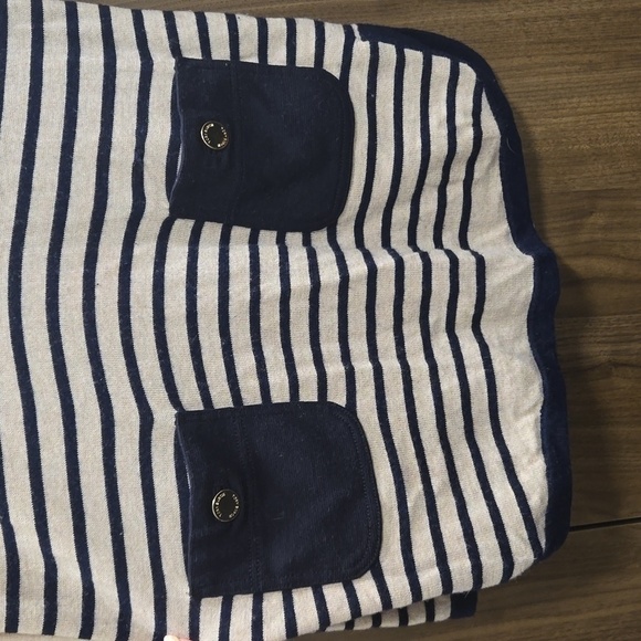 TORY BURCH-Odessa Pullover Sweater Stripe Long Sleeve Tan Navy Blue-Size Medium - Picture 10 of 17